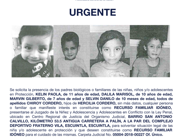 KELIN PAOLA, DALILA MARISOL, MARVIN GILBERTO, SELVIN DANILO todos de apellidos CHIROY CORDERO