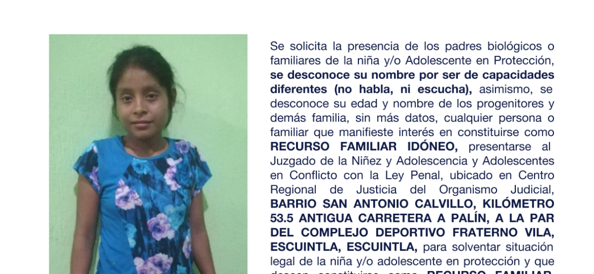 se desconoce su nombre por ser de capacidades diferentes (no habla, ni escucha)