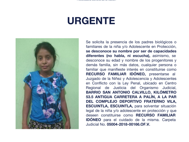 se desconoce su nombre por ser de capacidades diferentes (no habla, ni escucha)