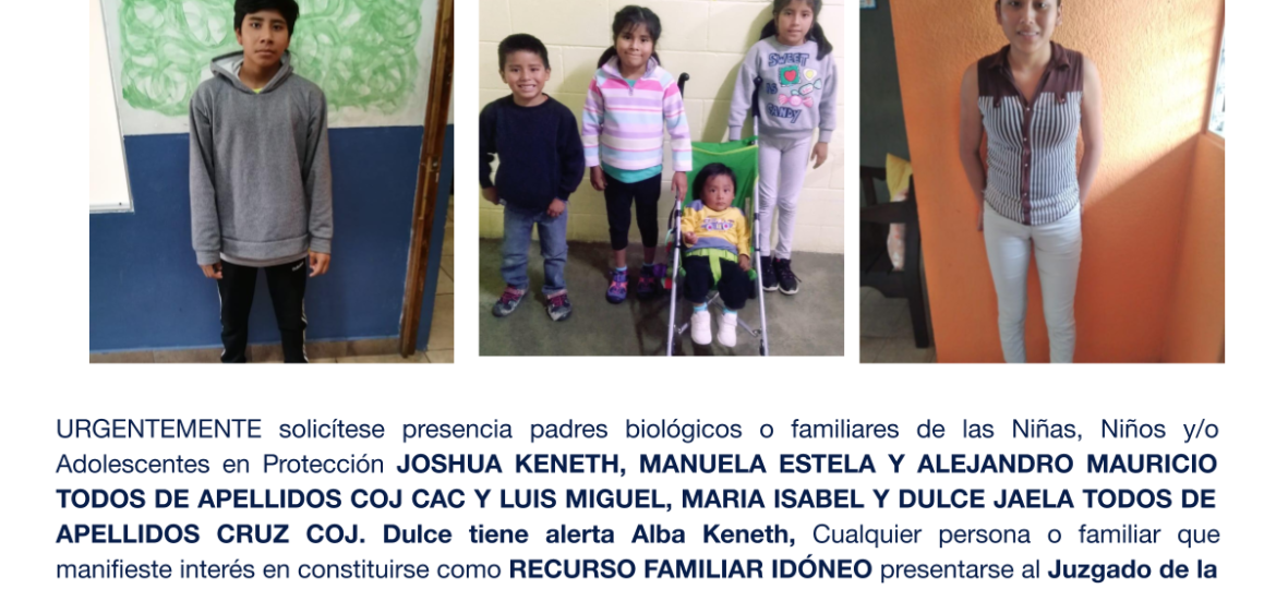 JOSHUA KENETH, MANUELA ESTELA Y ALEJANDRO MAURICIO TODOS DE APELLIDOS COJ CAC Y LUIS MIGUEL, MARIA ISABEL Y DULCE JAELA TODOS DE APELLIDOS CRUZ COJ.