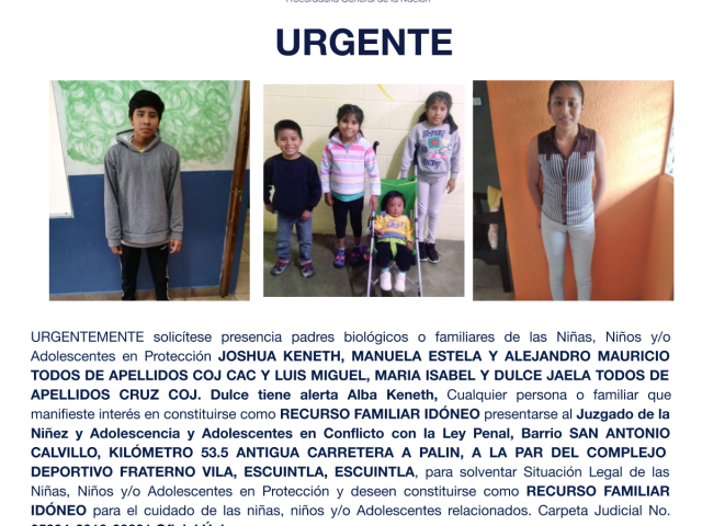 JOSHUA KENETH, MANUELA ESTELA Y ALEJANDRO MAURICIO TODOS DE APELLIDOS COJ CAC Y LUIS MIGUEL, MARIA ISABEL Y DULCE JAELA TODOS DE APELLIDOS CRUZ COJ.