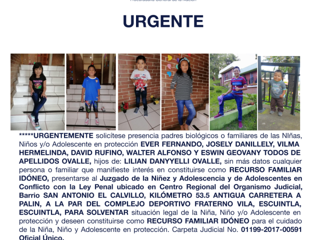 EVER FERNANDO, JOSELY DANILLELY, VILMA HERMELINDA, DAVID RUFINO, WALTER ALFONSO Y ESWIN GEOVANY TODOS DE APELLIDOS OVALLE