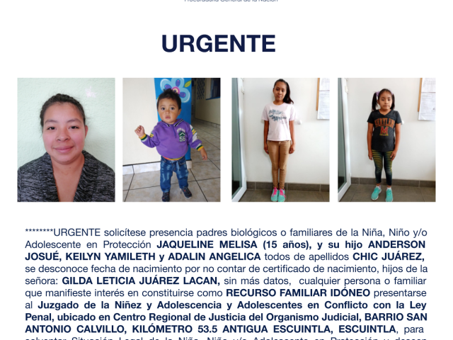 JAQUELINE MELISA, y su hijo ANDERSON JOSUÉ, KEILYN YAMILETH y ADALIN ANGELICA todos de apellidos CHIC JUÁREZ