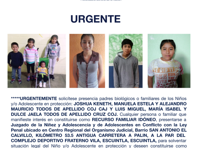 JOSHUA KENETH, MANUELA ESTELA Y ALEJANDRO MAURICIO TODOS DE APELLIDO COJ CAJ Y LUIS MIGUEL, MARÍA ISABEL Y DULCE JAELA TODOS DE APELLIDO CRUZ COJ