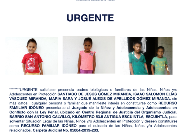 SANTIAGO DE JESÚS GÓMEZ MIRANDA, ISAAC SALOMON ELÍAS VÁSQUEZ MIRANDA, MARIA SARA Y JOSUÉ ALEXIS DE APELLIDOS GÓMEZ MIRANDA