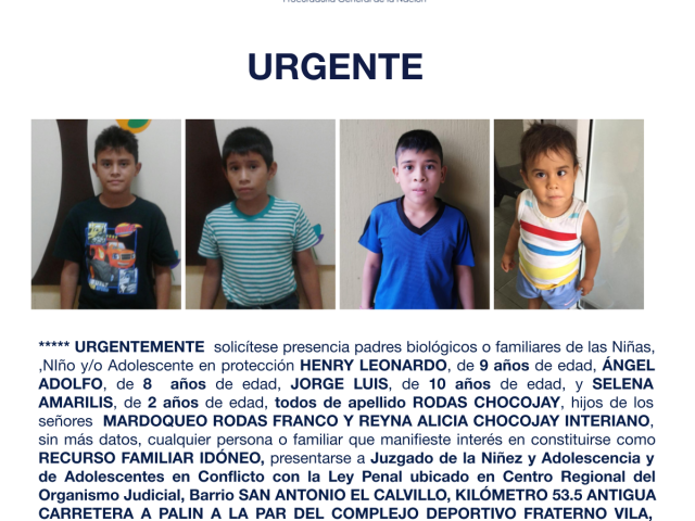 HENRY LEONARDO, ÁNGEL ADOLFO, JORGE LUIS, SELENA AMARILIS todos de apellido RODAS CHOCOJAY