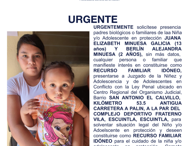 JUANA ELIZABETH MINUESA GALICIA (13 años) Y BERLÍN ALEJANDRA MINUESA (2 AÑOS)