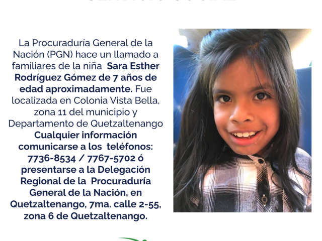 Sara Esther Rodríguez Gómez de 7 años de edad aproximadamente