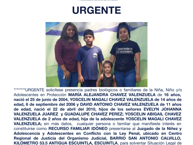 MARÍA ALEJANDRA CHAVEZ VALENZUELA, YOSCELIN MAGALI CHAVEZ VALENZUELA, DAVID ANTONIO CHAVEZ VALENZUELA, YOSCELIN ABIGAIL CHAVEZ VALENZUELA