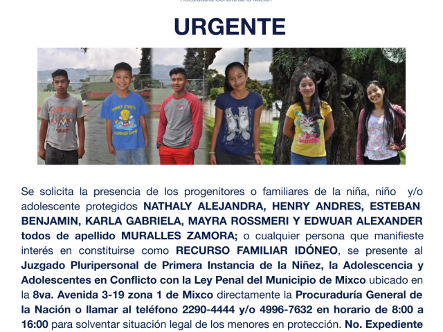 NATHALY ALEJANDRA, HENRY ANDRES, ESTEBAN BENJAMIN, KARLA GABRIELA, MAYRA ROSSMERI Y EDWUAR ALEXANDER todos de apellido MURALLES ZAMORA